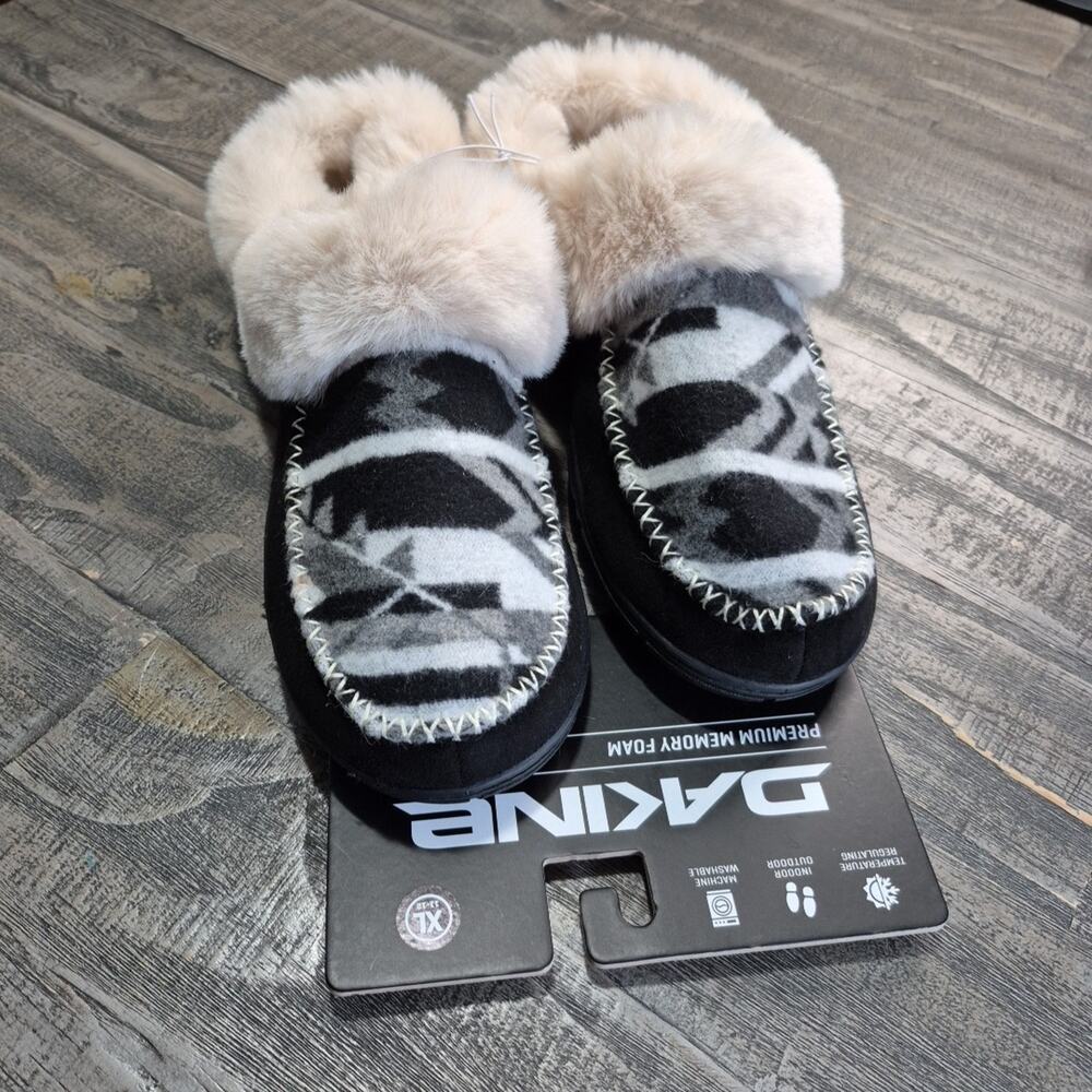 Dakine Slippers Women XL 11-12 Black White Open Back Faux Fur Indoor Outdoor